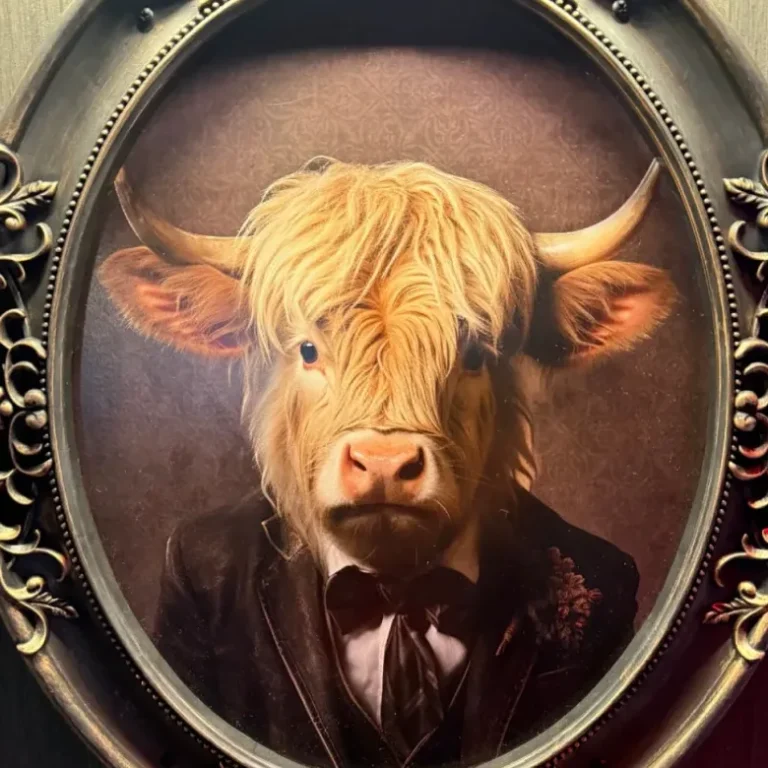 Framed portrait of a Highland cow in a suit, part of the decor at Sinner's Kenilworth