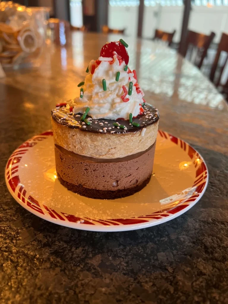 Layered chocolate mousse cake topped with whipped cream and Christmas sprinkles